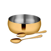 High Grade Stainless Steel 3 Pieces Salad Bowl With Gold PVD Coating For Salad Serving | 2 Pieces Serving Spoon + 1 Pc Salad Bowl 22 Cm